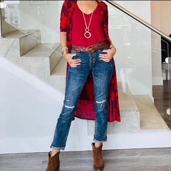 CAbi • “Fire & Ice” Red Floral Button Down Floral Midi Shirt Dress - Picture 3 of 14